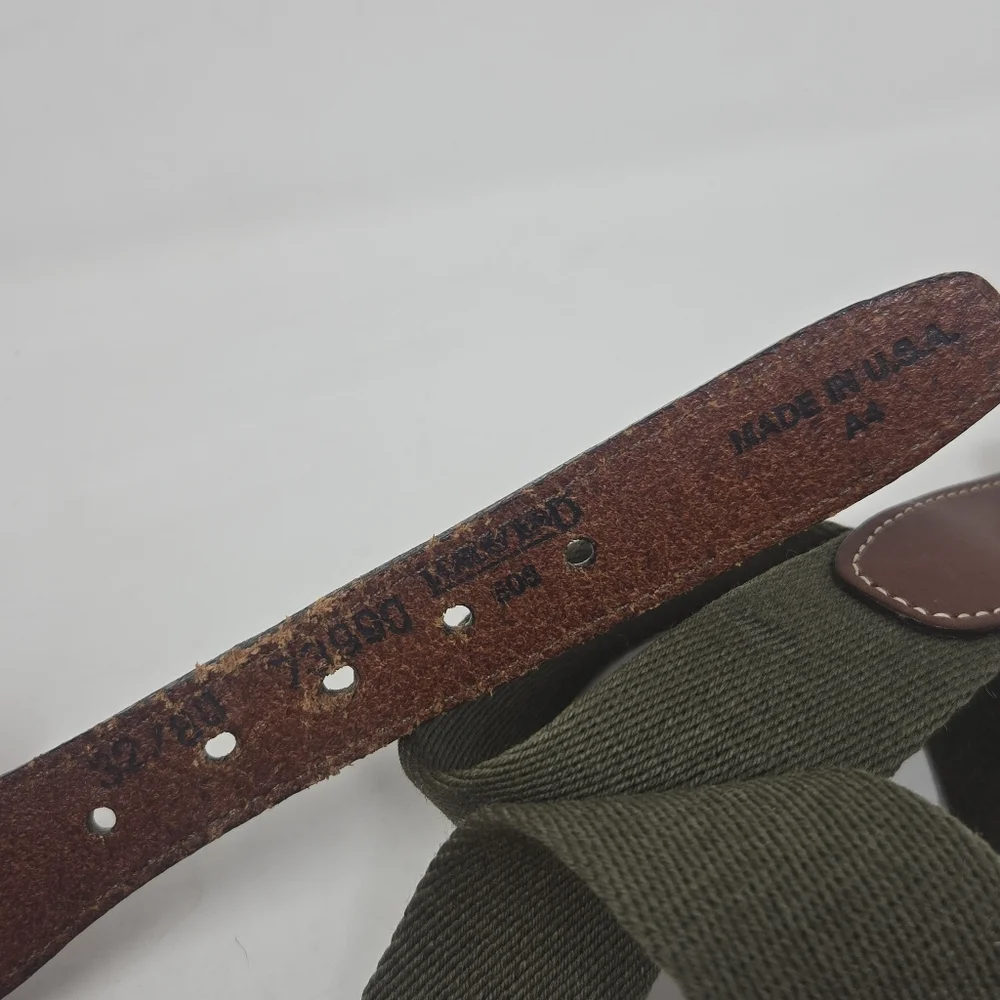 LL BEAN Golf‎ Belt Men 44 Brown Leather Green Canvas Brass Buckle Made USA